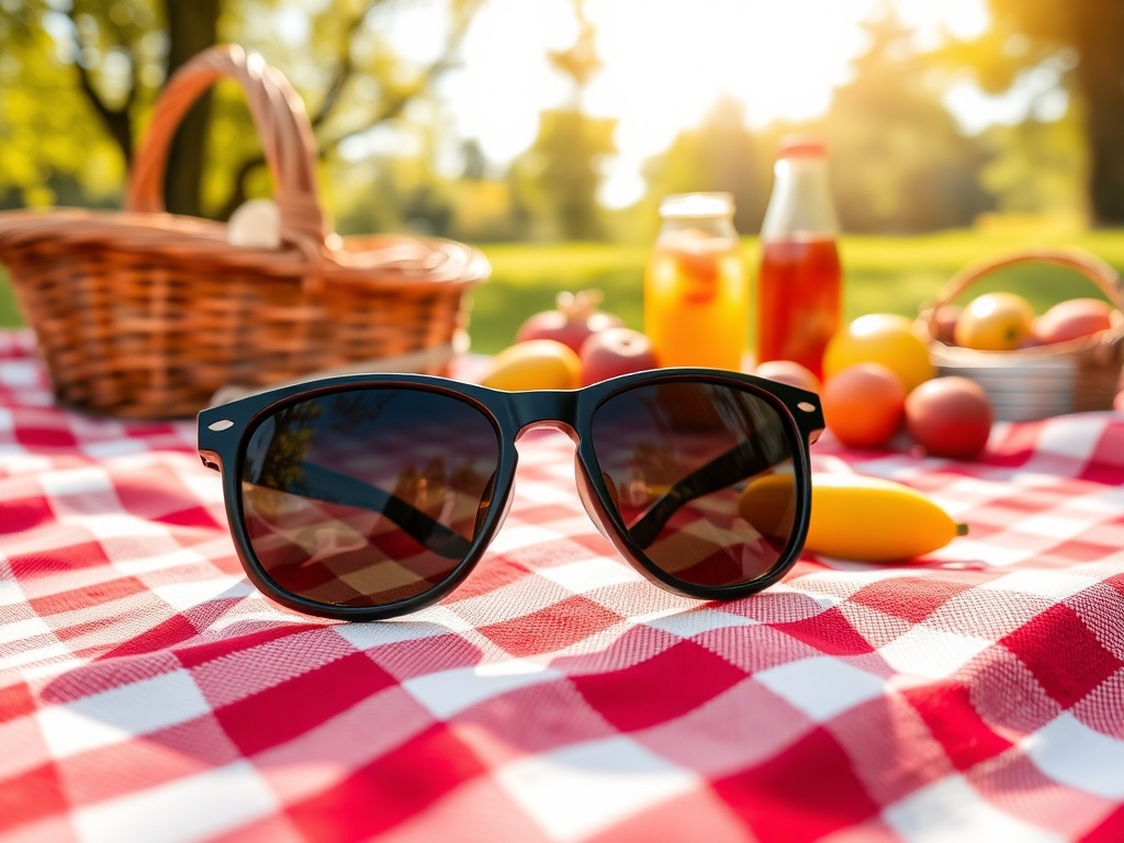 Ochelari de soare pe o pătură de picnic, cu un coș de nuiele și fructe proaspete în fundal.