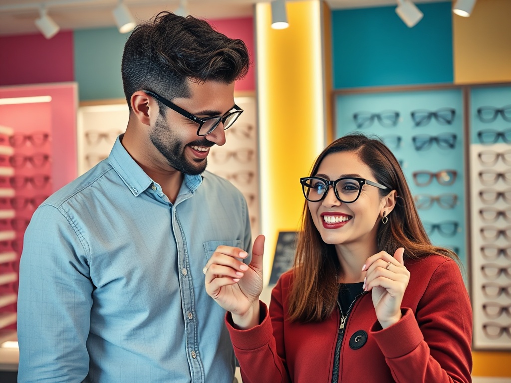 Două persoane zâmbind și discutând într-un magazin de ochelari, înconjurate de diverse modele de ochelari.