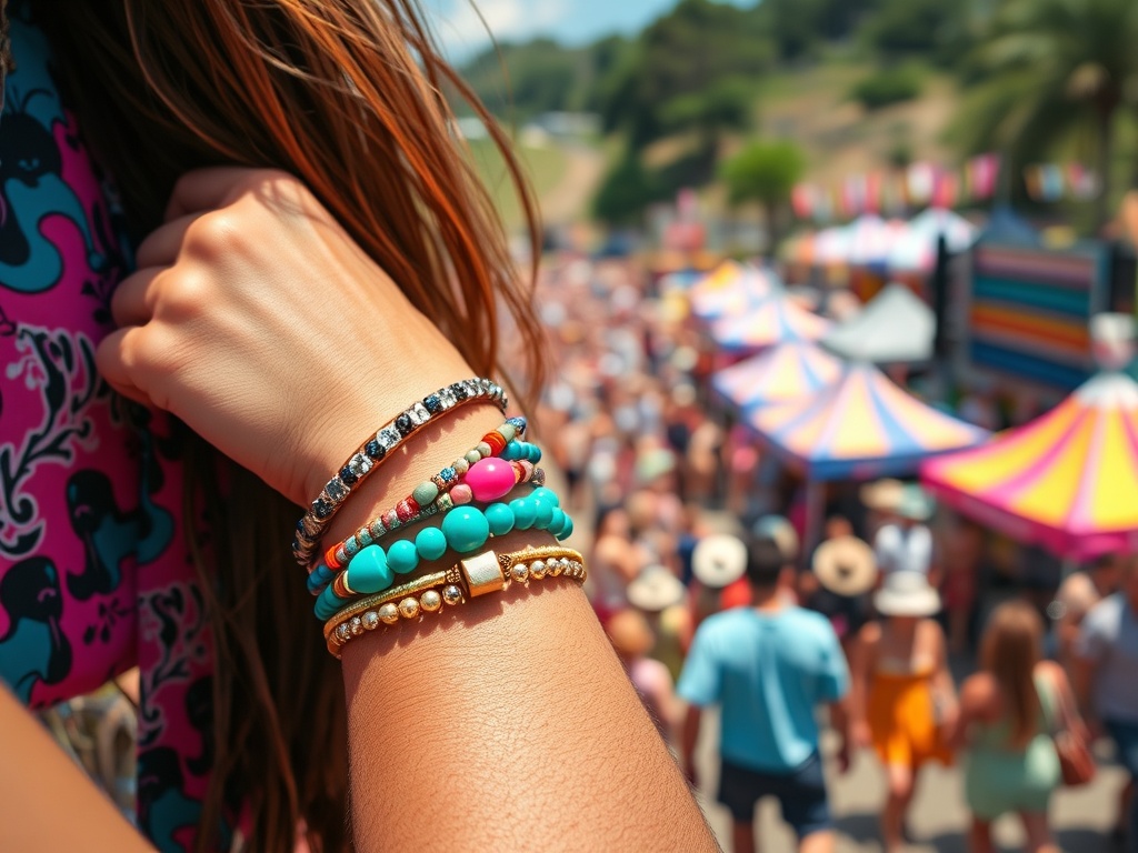 O mână cu bratari colorate, în prim-plan, pe un fundal de festival plin de oameni și corturi vesele.