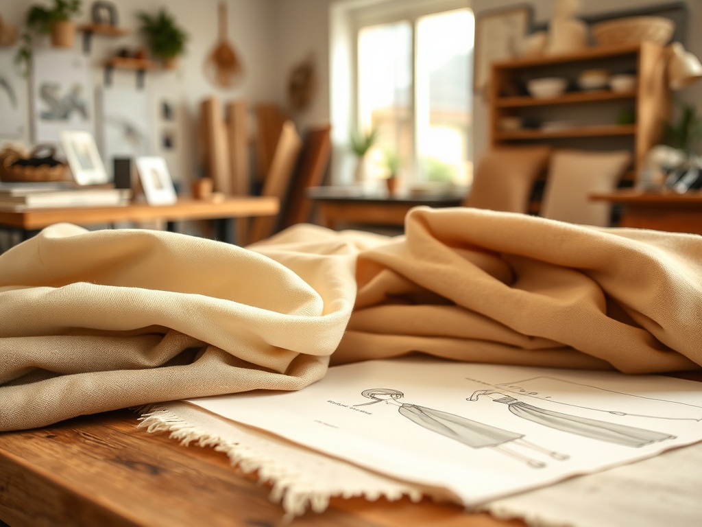 Materiale textile și schițe de design pe o masă, într-un studio creativ. Atmosferă caldă și primitoare.