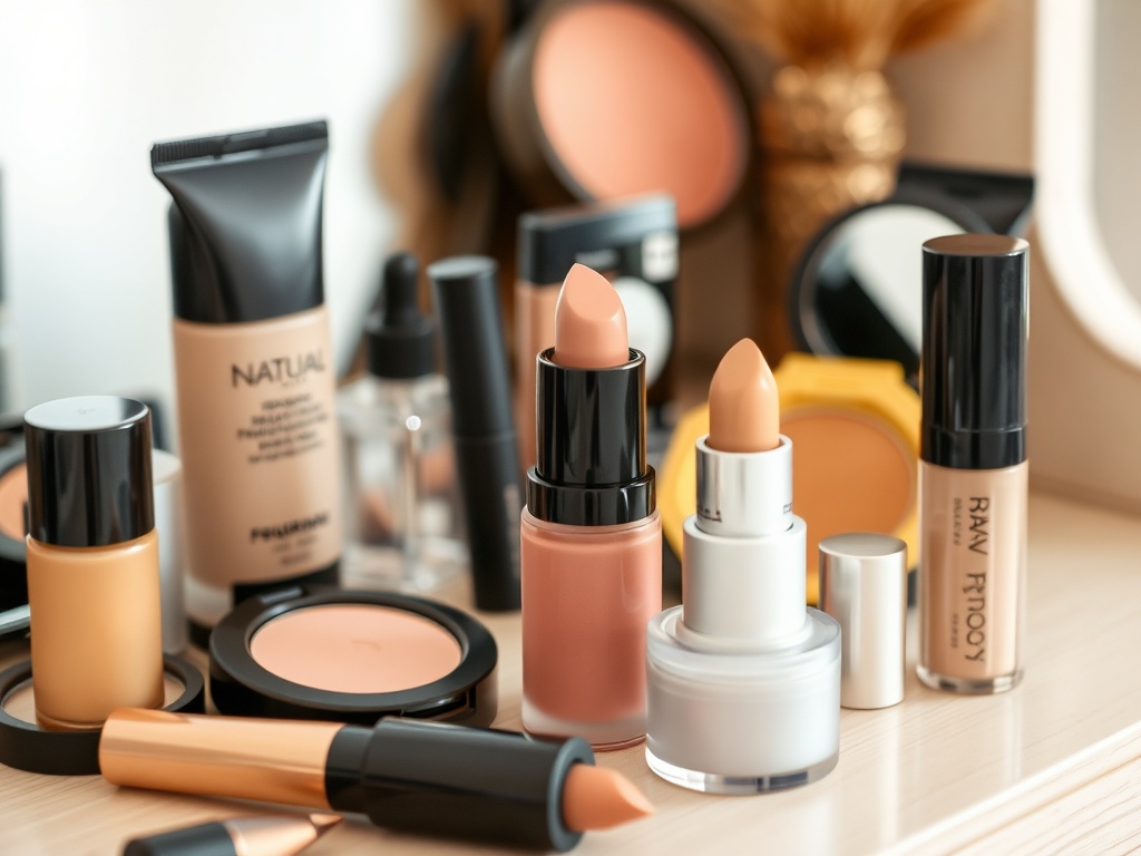 Produse cosmetice pe o masă: fond de ten, rujuri și alte articole de machiaj aranjate estetic.