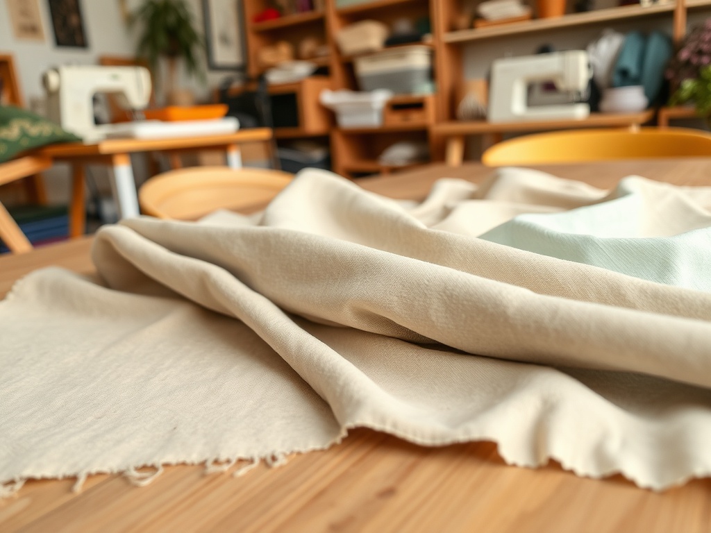 Material textil pe o masă de lucru, cu mașini de cusut și chiuvetă în fundal. Spațiu creativ de croitorie.