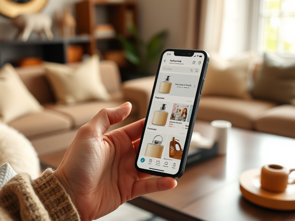 O persoană ține un telefon mobil, navigând pe un site de cumpărături într-un living modern și confortabil.