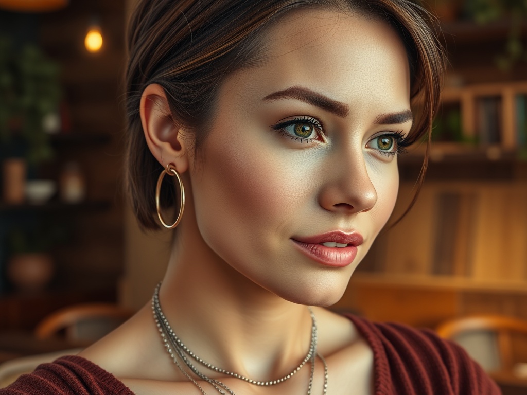 Portret al unei femei cu părul scurt, cercuri aurii la urechi și un zâmbet subtil, având un fundal cald.
