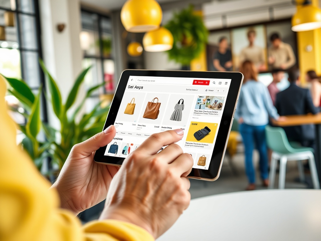 O persoană folosește o tabletă pentru a explora produse de modă într-un mediu de birou.