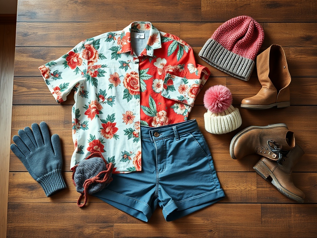 Imagini cu articole de îmbrăcăminte: cămașă florală, pantaloni scurți, mănuși, căciuli și cizme.