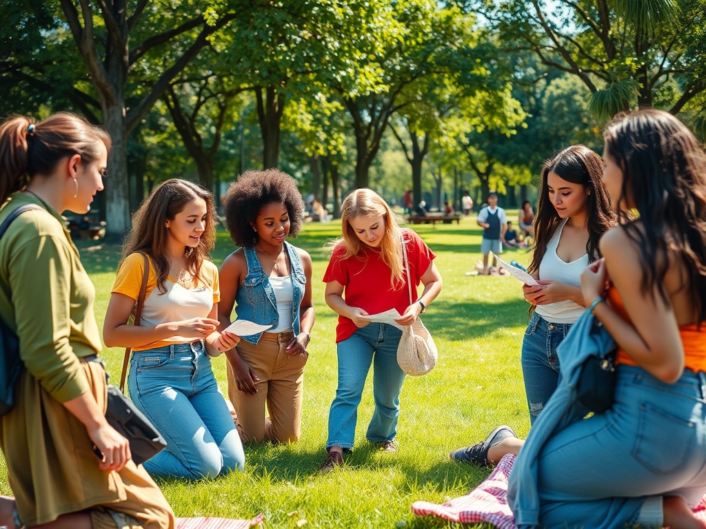 Un grup de fete se adună într-un parc, citind și discutând pe o pajiște verde, sub copaci.